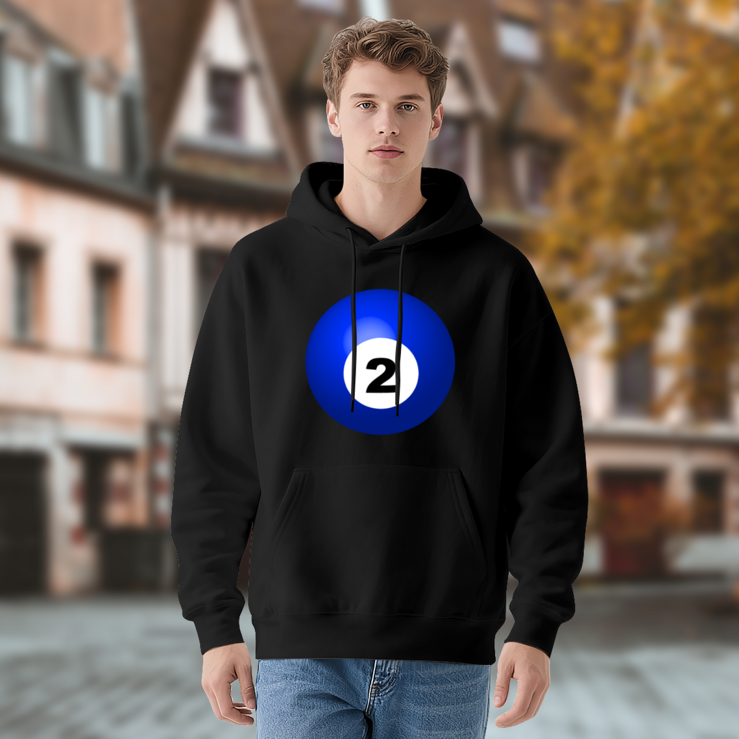 Bold Blue No.2 Billiard Ball Graphic Black Hoodie, Unisex Casual Comfort Sweatshirt