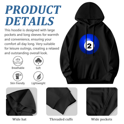 Bold Blue No.2 Billiard Ball Graphic Black Hoodie, Unisex Casual Comfort Sweatshirt