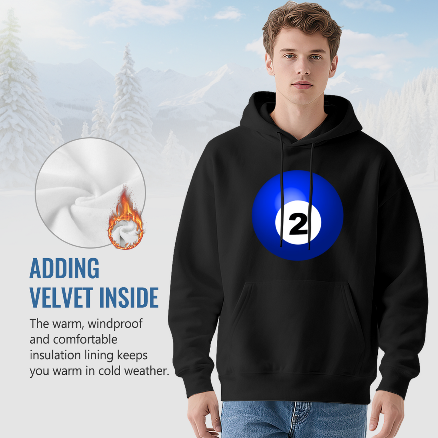 Bold Blue No.2 Billiard Ball Graphic Black Hoodie, Unisex Casual Comfort Sweatshirt