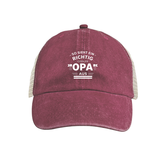 Cool Opa German Quote Burgundy Vintage Washed Mesh Grandfather Hat