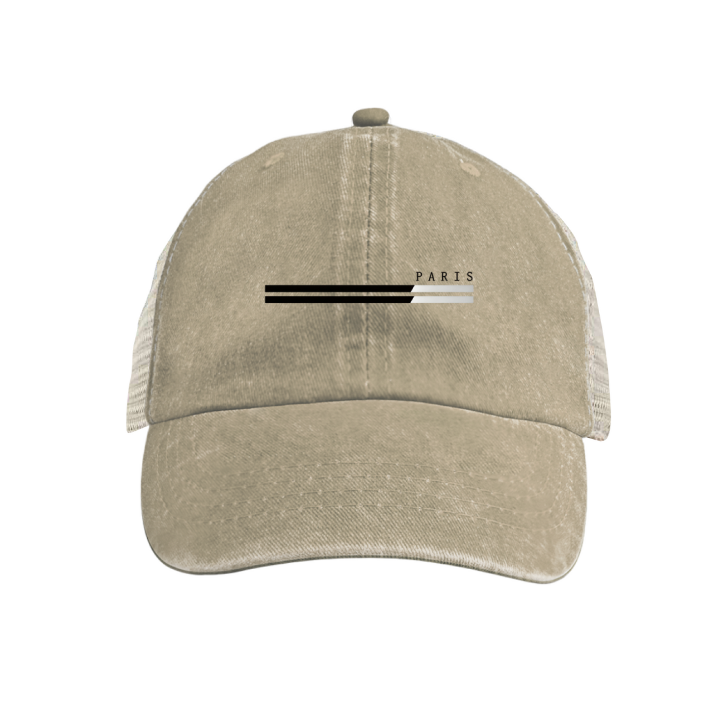 Minimal Paris Stripe Logo Vintage Blue Mesh Trucker Hat ¨C Chic Casual Washed Cap