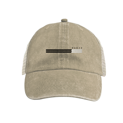 Minimal Paris Stripe Logo Vintage Blue Mesh Trucker Hat ¨C Chic Casual Washed Cap