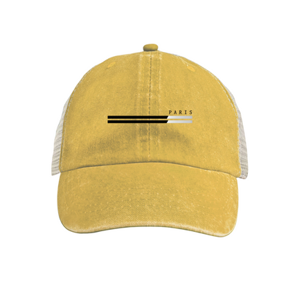 Minimal Paris Stripe Logo Vintage Blue Mesh Trucker Hat ¨C Chic Casual Washed Cap
