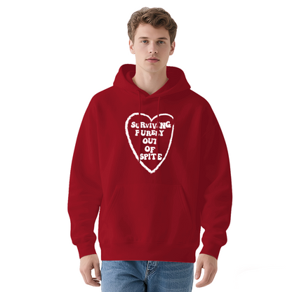 Surviving Purely Out Of Spite Heart Print Hoodie, Comfy Red Casual Hoodie