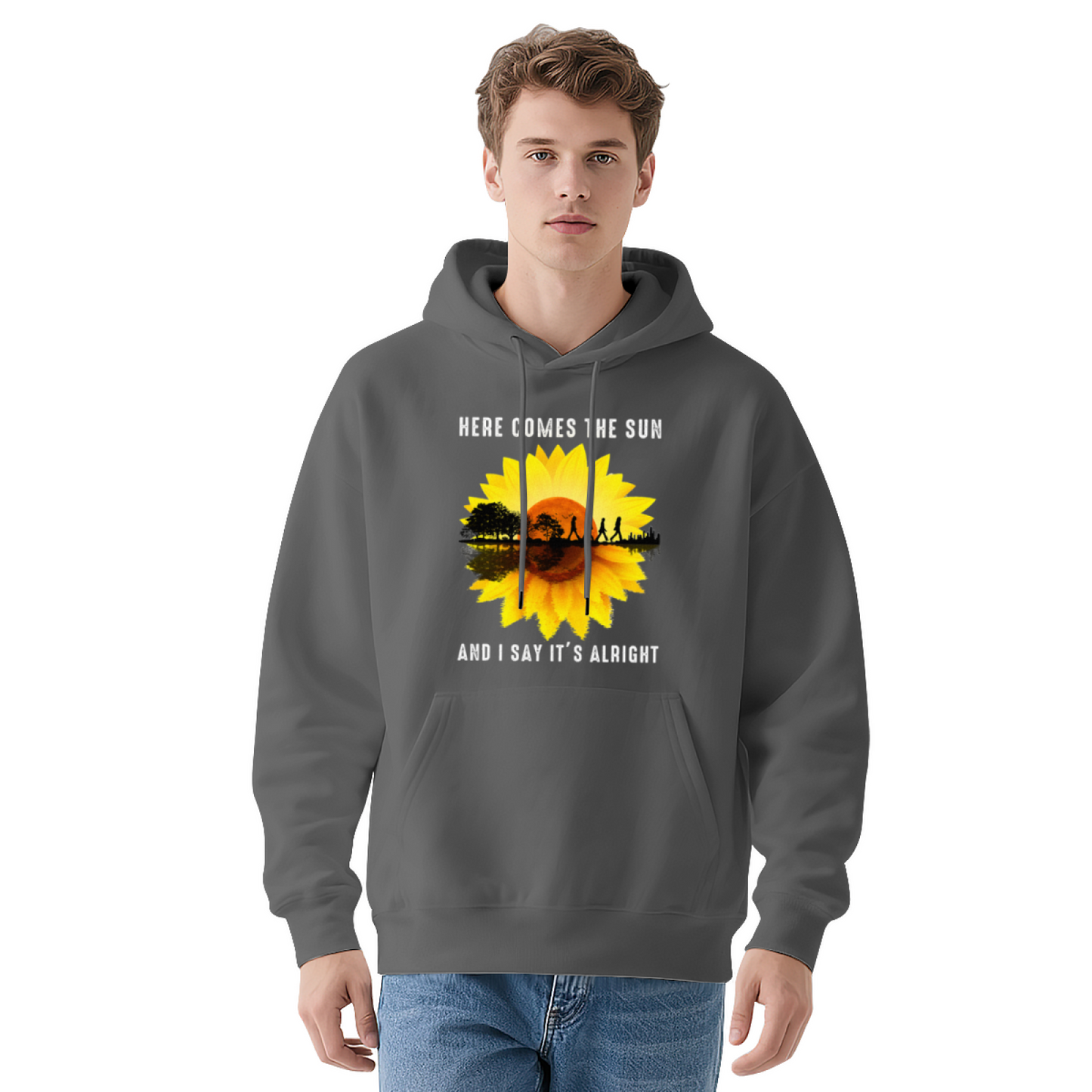 Here Comes The Sun Sunflower Retro Relaxed Black Hoodie, Music Fan Soft Top