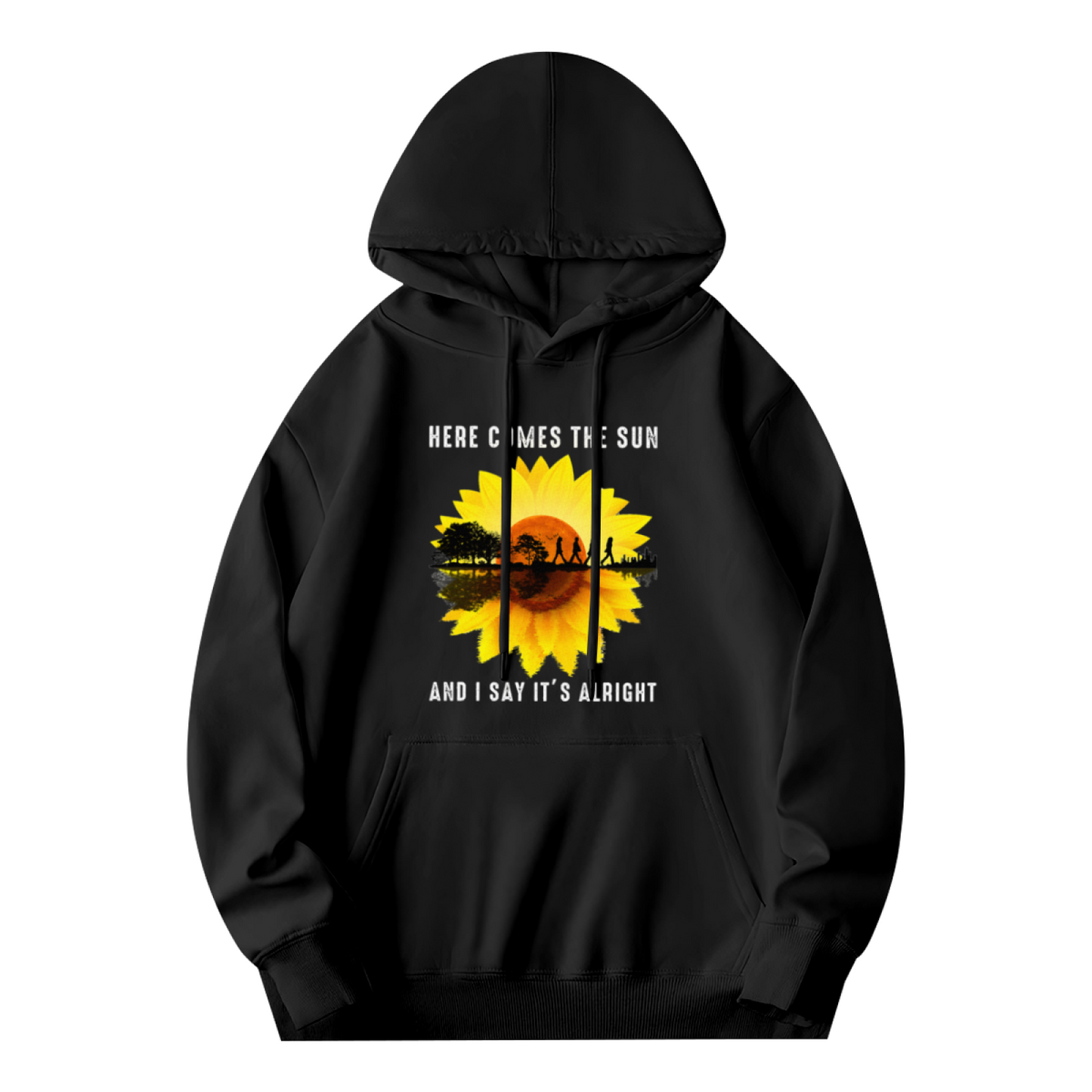 Here Comes The Sun Sunflower Retro Relaxed Black Hoodie, Music Fan Soft Top