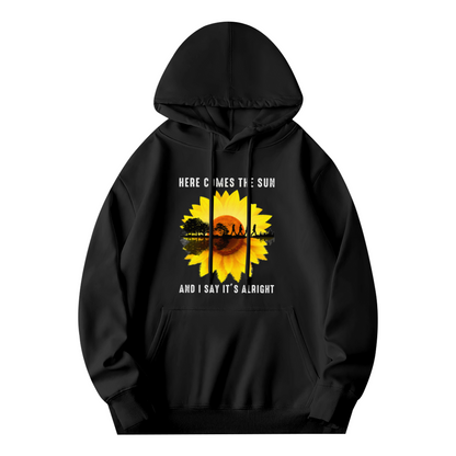 Here Comes The Sun Sunflower Retro Relaxed Black Hoodie, Music Fan Soft Top