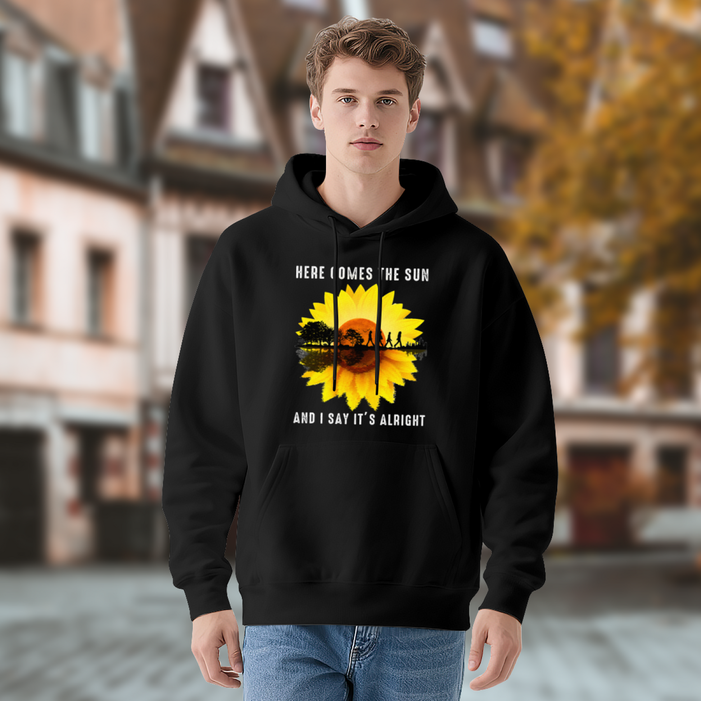 Here Comes The Sun Sunflower Retro Relaxed Black Hoodie, Music Fan Soft Top