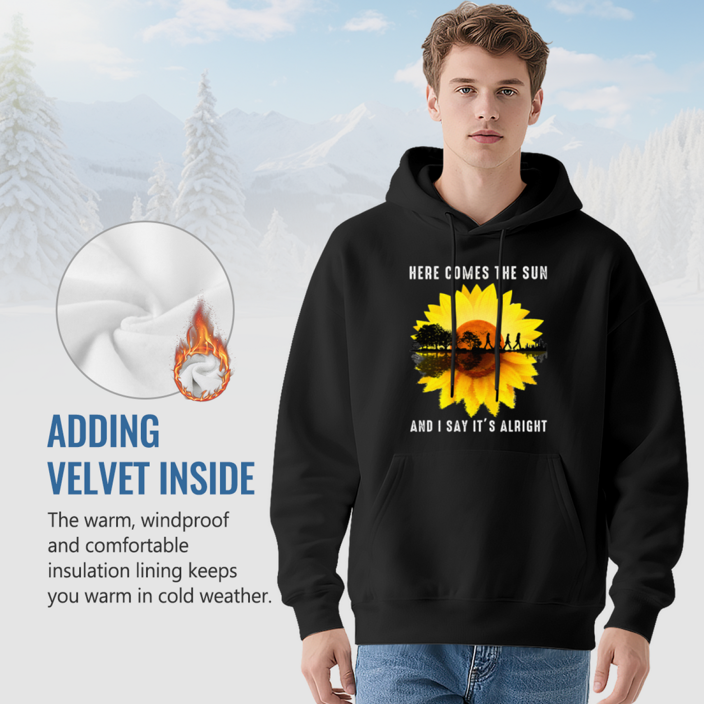 Here Comes The Sun Sunflower Retro Relaxed Black Hoodie, Music Fan Soft Top