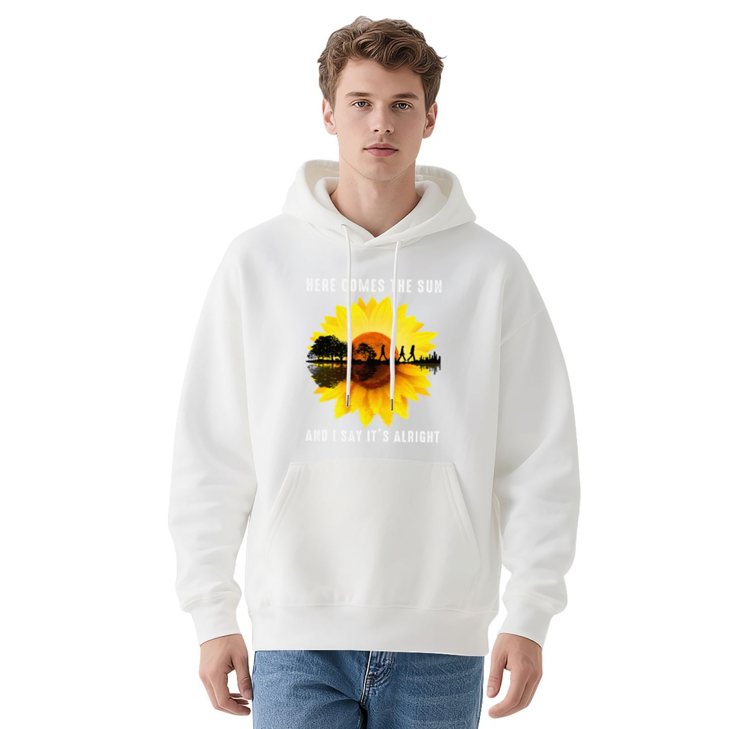 Here Comes The Sun Sunflower Retro Relaxed Black Hoodie, Music Fan Soft Top