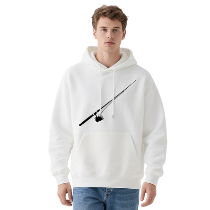Minimal Fishing Rod Silhouette White Hoodie, Comfort Outdoor Fisherman Hooded Sweatshirt