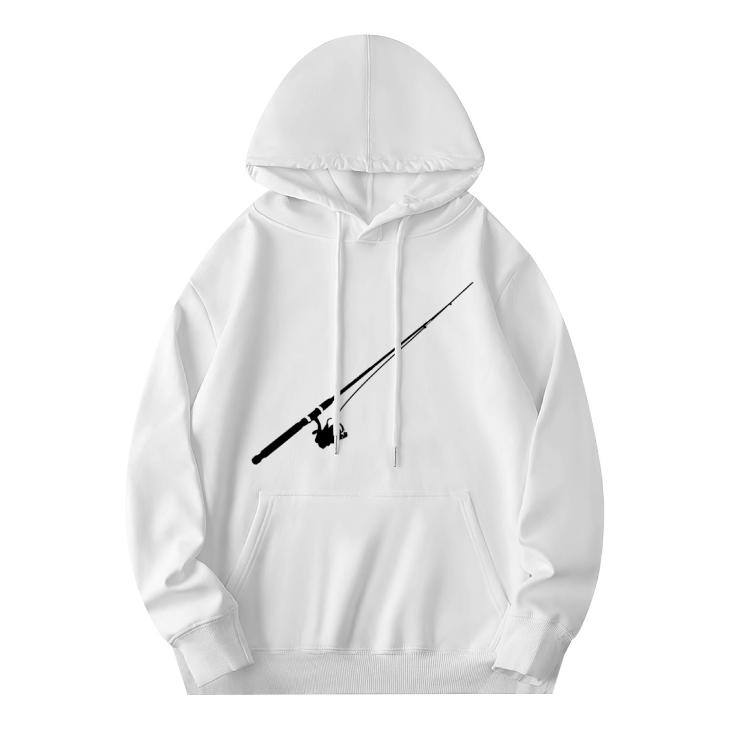 Minimal Fishing Rod Silhouette White Hoodie, Comfort Outdoor Fisherman Hooded Sweatshirt