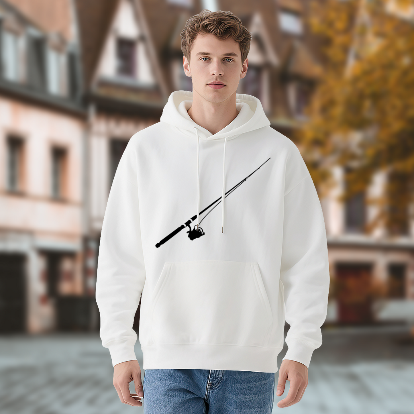 Minimal Fishing Rod Silhouette White Hoodie, Comfort Outdoor Fisherman Hooded Sweatshirt