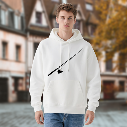 Minimal Fishing Rod Silhouette White Hoodie, Comfort Outdoor Fisherman Hooded Sweatshirt