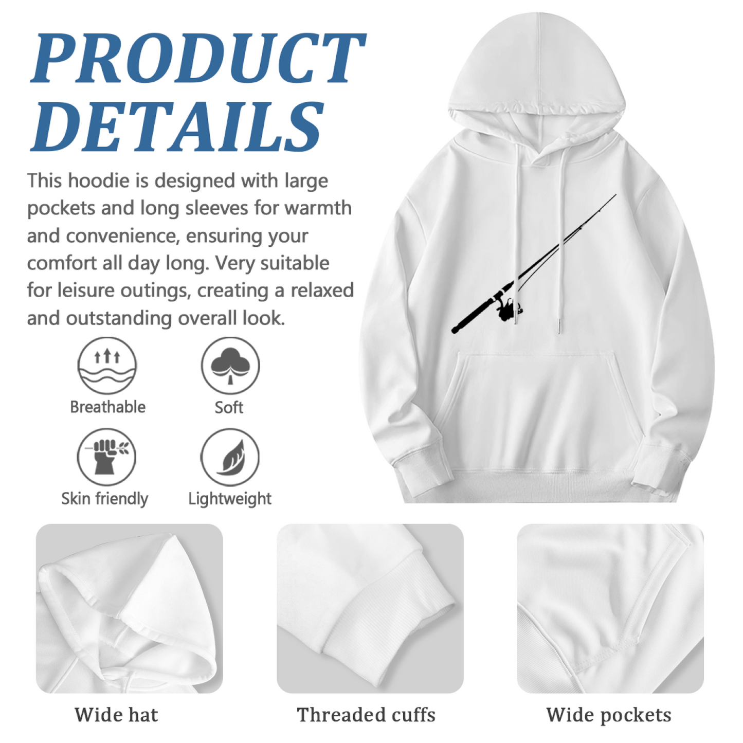 Minimal Fishing Rod Silhouette White Hoodie, Comfort Outdoor Fisherman Hooded Sweatshirt