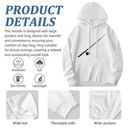 Minimal Fishing Rod Silhouette White Hoodie, Comfort Outdoor Fisherman Hooded Sweatshirt