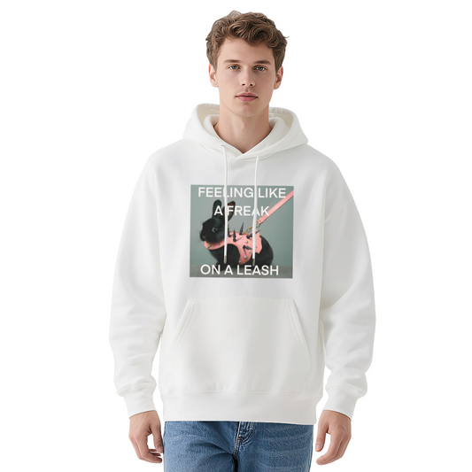 Punk Black Bunny With Leash White Hoodie, Trendy Meme Graphic Comfort Hoodie