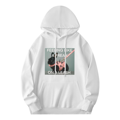 Punk Black Bunny With Leash White Hoodie, Trendy Meme Graphic Comfort Hoodie