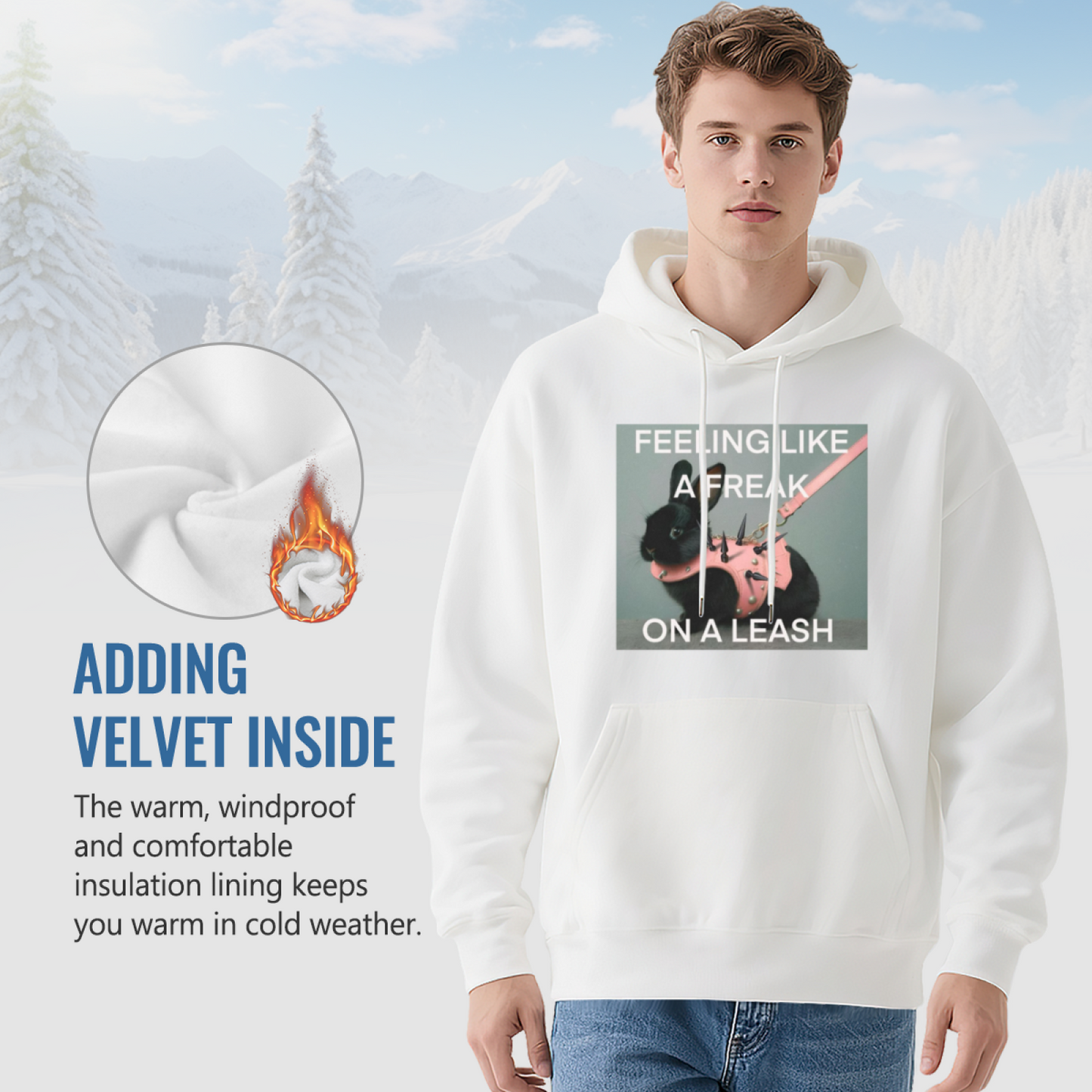Punk Black Bunny With Leash White Hoodie, Trendy Meme Graphic Comfort Hoodie