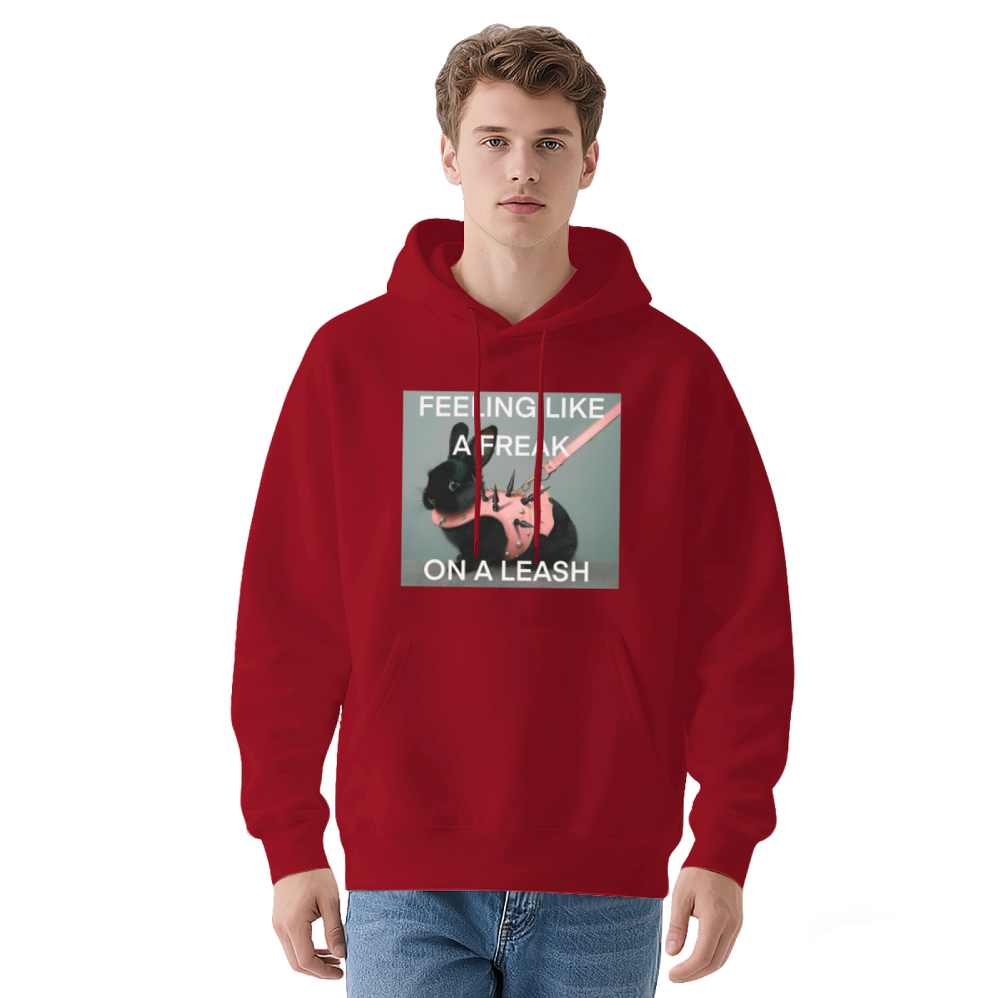 Punk Black Bunny With Leash White Hoodie, Trendy Meme Graphic Comfort Hoodie