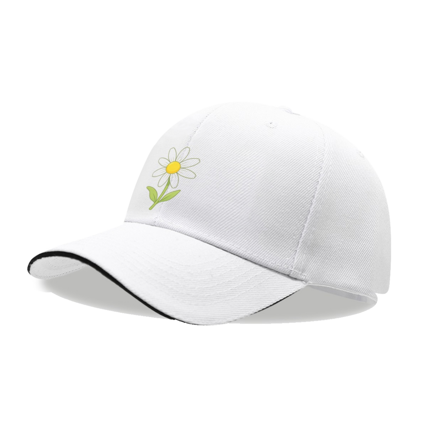 Cute Daisy Floral Print White Sandwich Brim Baseball Cap, Soft Girl Fresh Sun Hat
