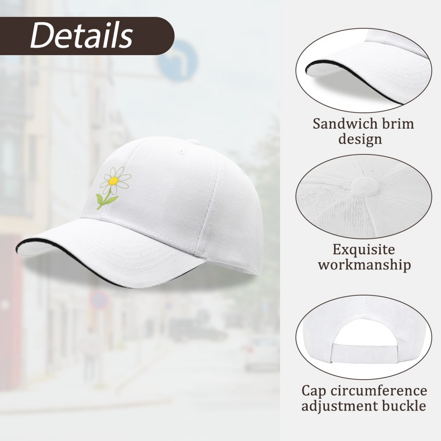 Cute Daisy Floral Print White Sandwich Brim Baseball Cap, Soft Girl Fresh Sun Hat