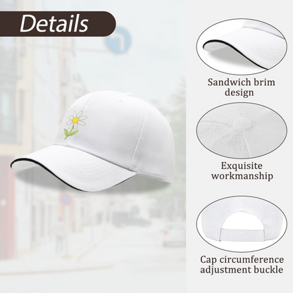 Cute Daisy Floral Print White Sandwich Brim Baseball Cap, Soft Girl Fresh Sun Hat