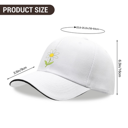 Cute Daisy Floral Print White Sandwich Brim Baseball Cap, Soft Girl Fresh Sun Hat