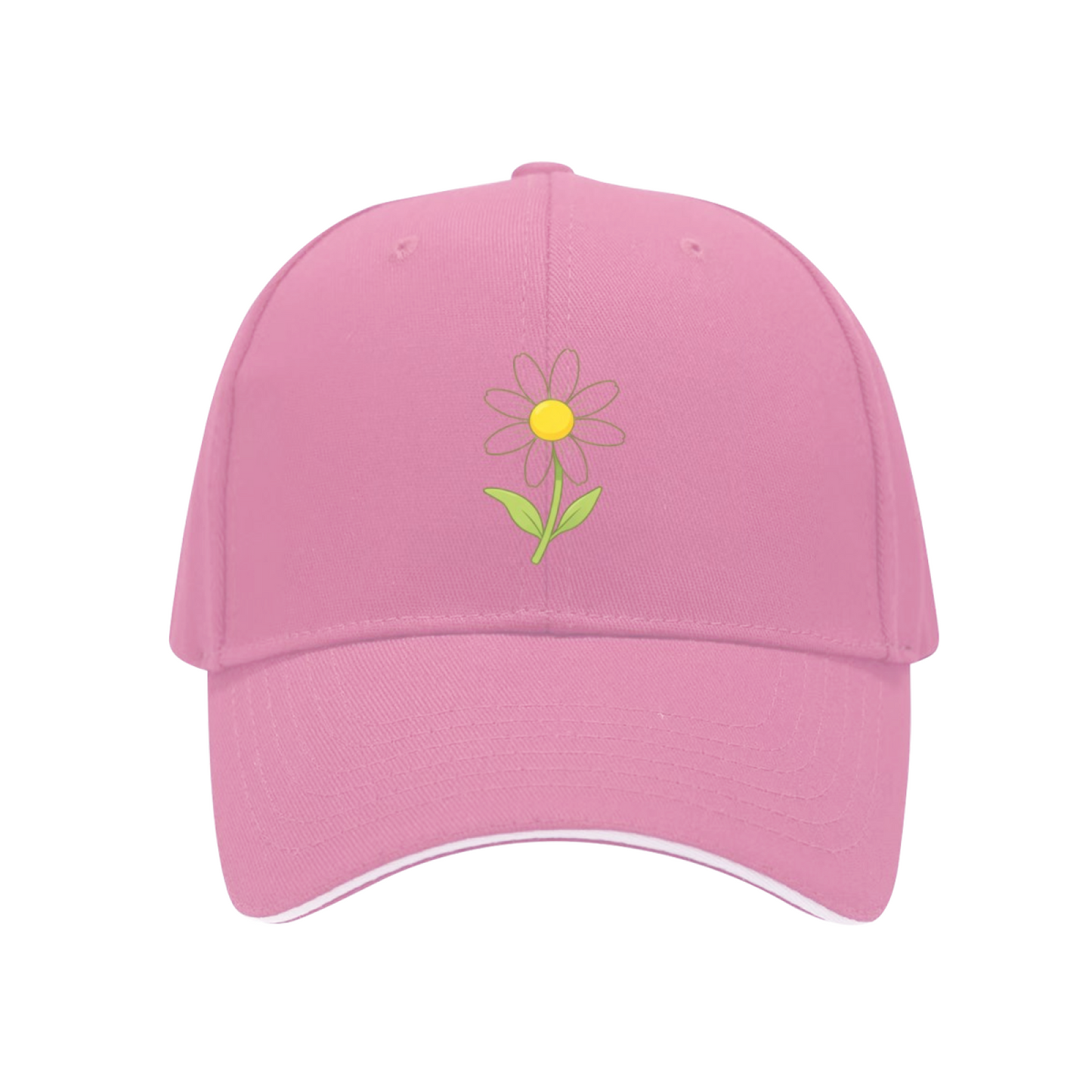 Cute Daisy Floral Print White Sandwich Brim Baseball Cap, Soft Girl Fresh Sun Hat