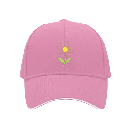 Cute Daisy Floral Print White Sandwich Brim Baseball Cap, Soft Girl Fresh Sun Hat