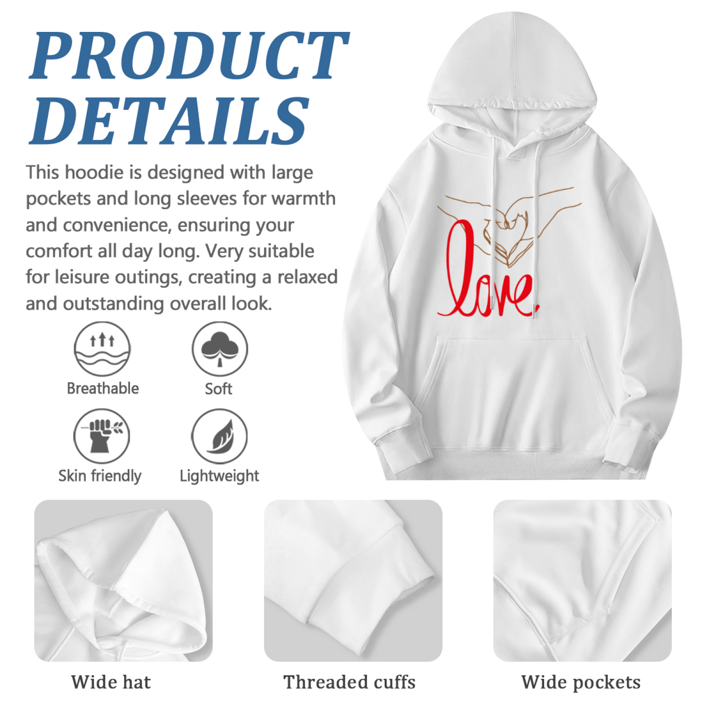 Minimal Hand Heart Love Art Hoodie, Romantic Cozy Unisex Sweatshirt