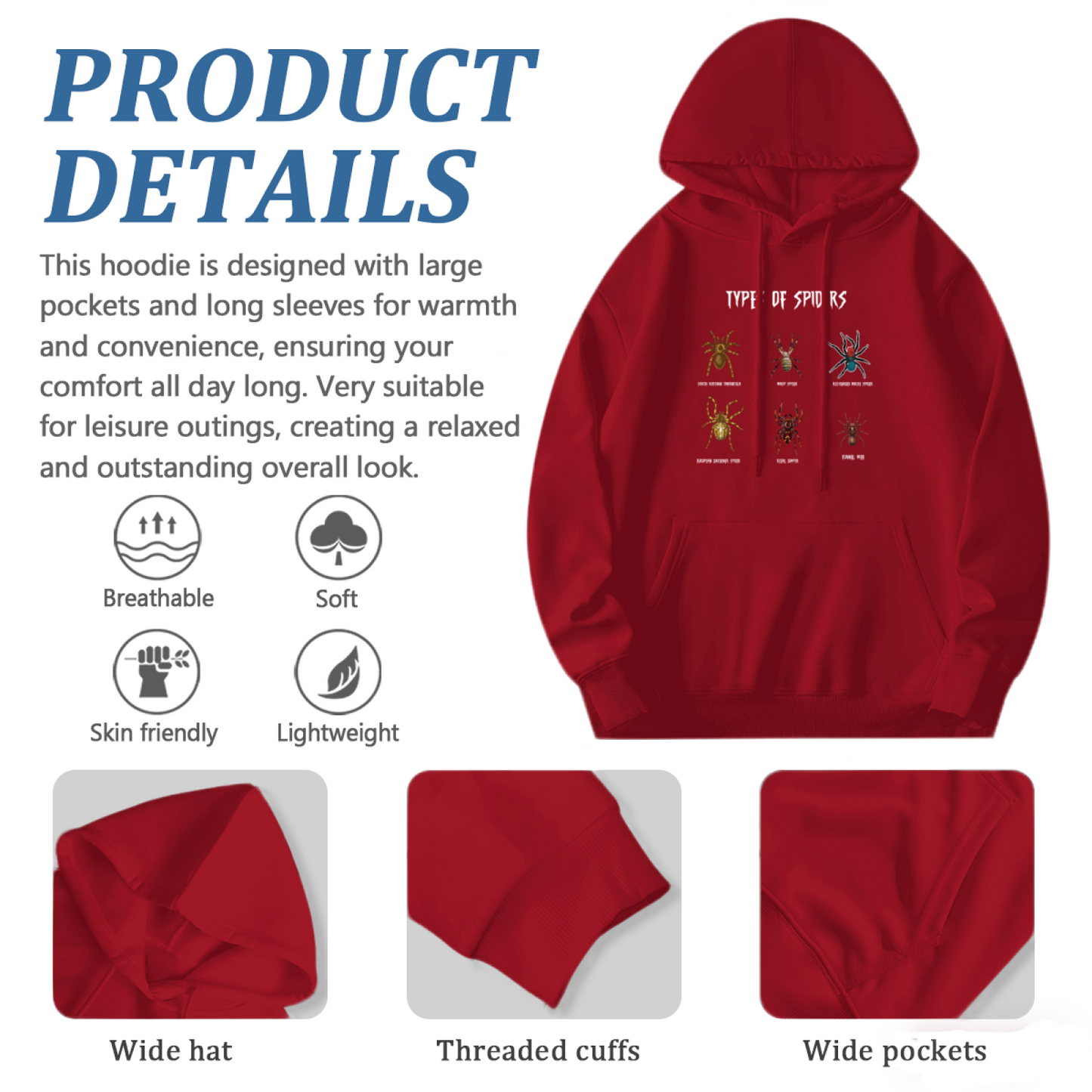 Types Of Spiders Bug Lover Soft Red Hoodie, Casual Comfort Pullover