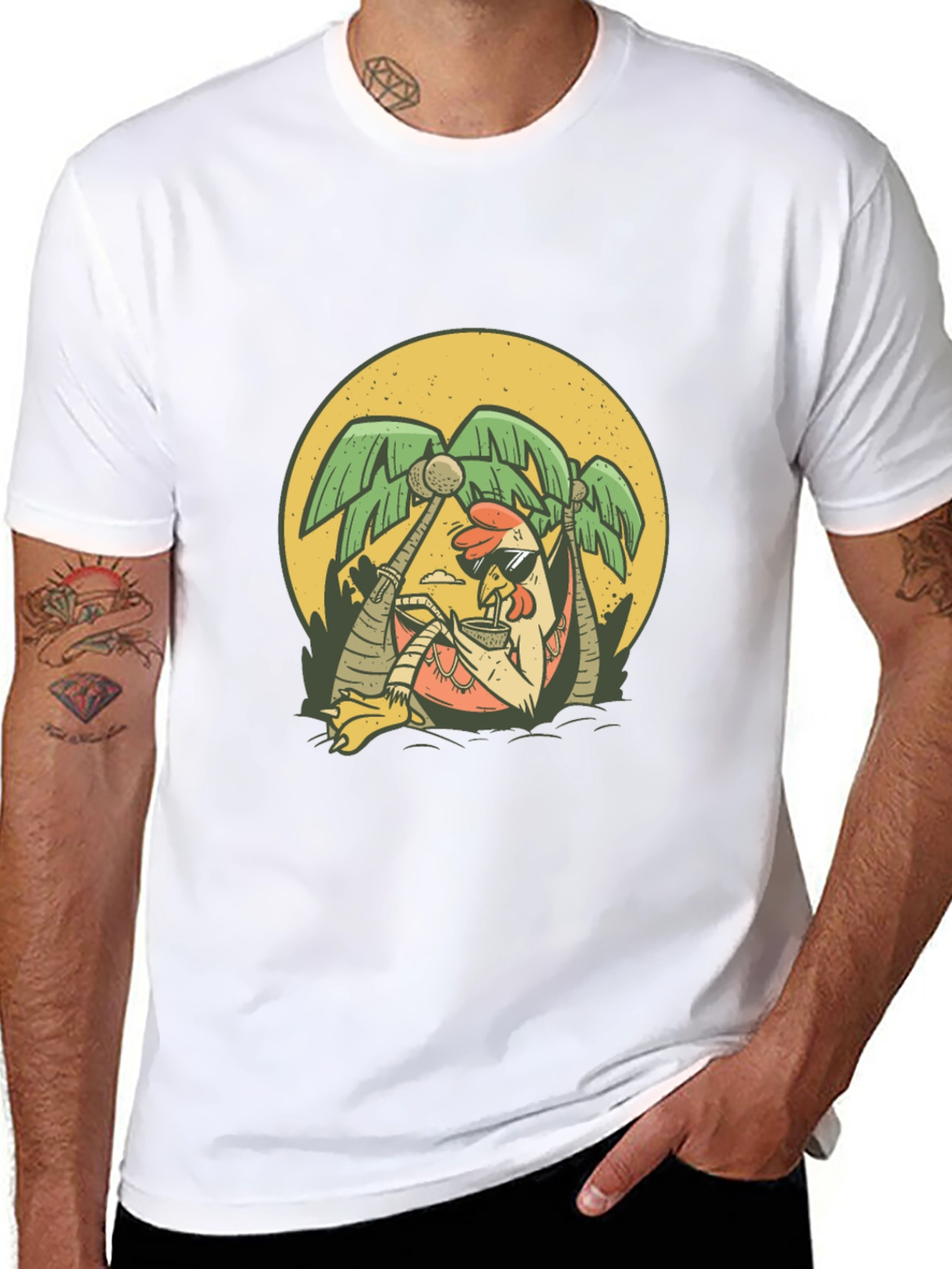 Cool Chicken Palm Tree Graphic Tee - Black