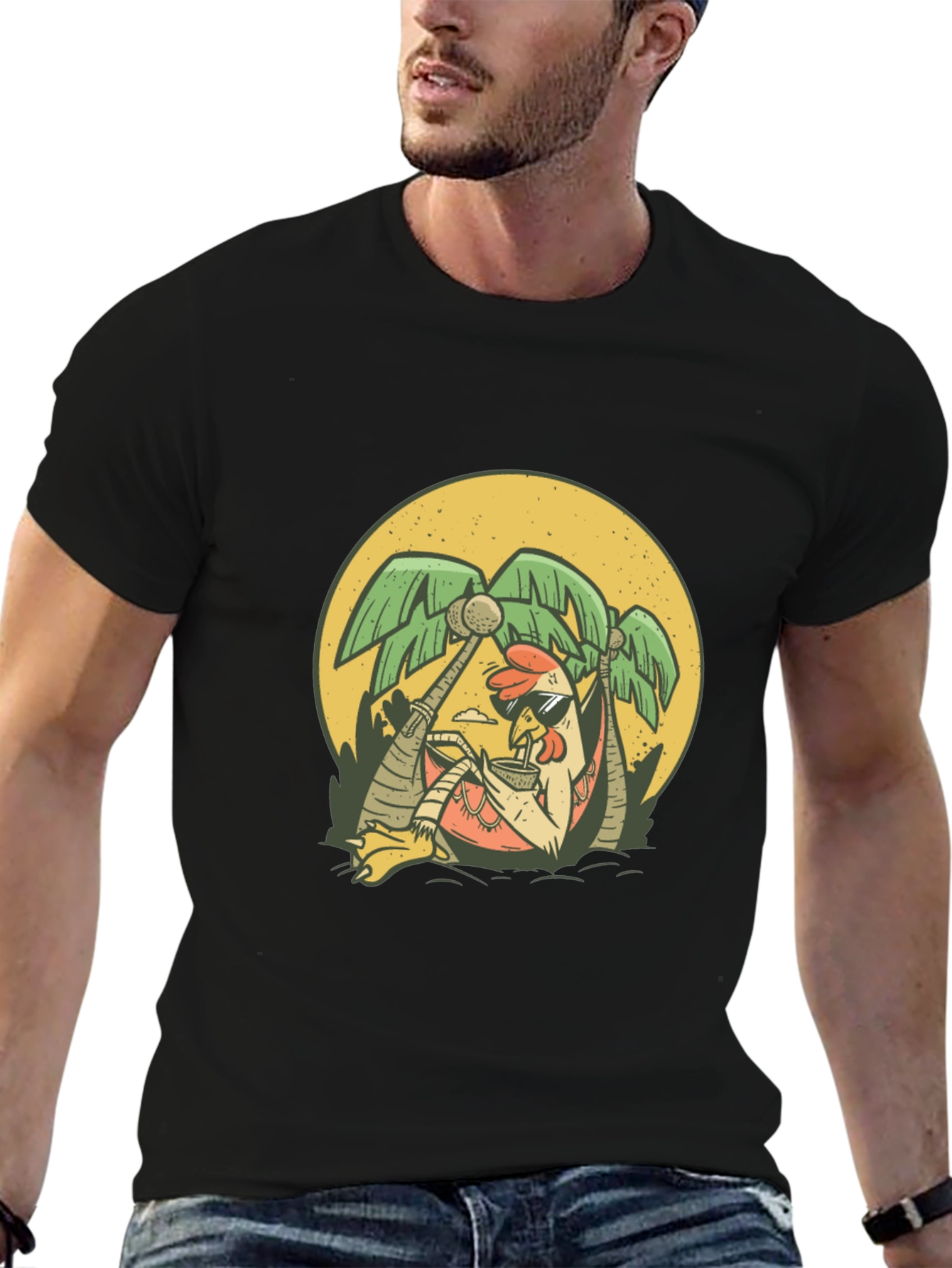 Cool Chicken Palm Tree Graphic Tee - Black