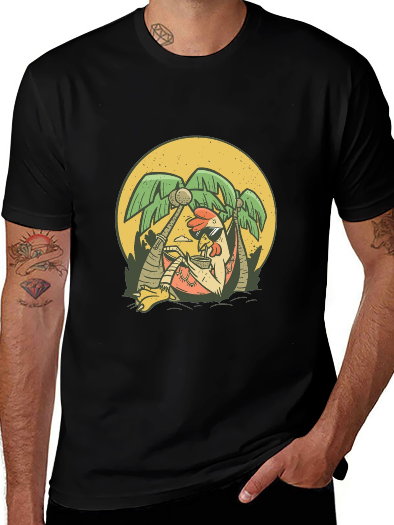 Cool Chicken Palm Tree Graphic Tee - Black