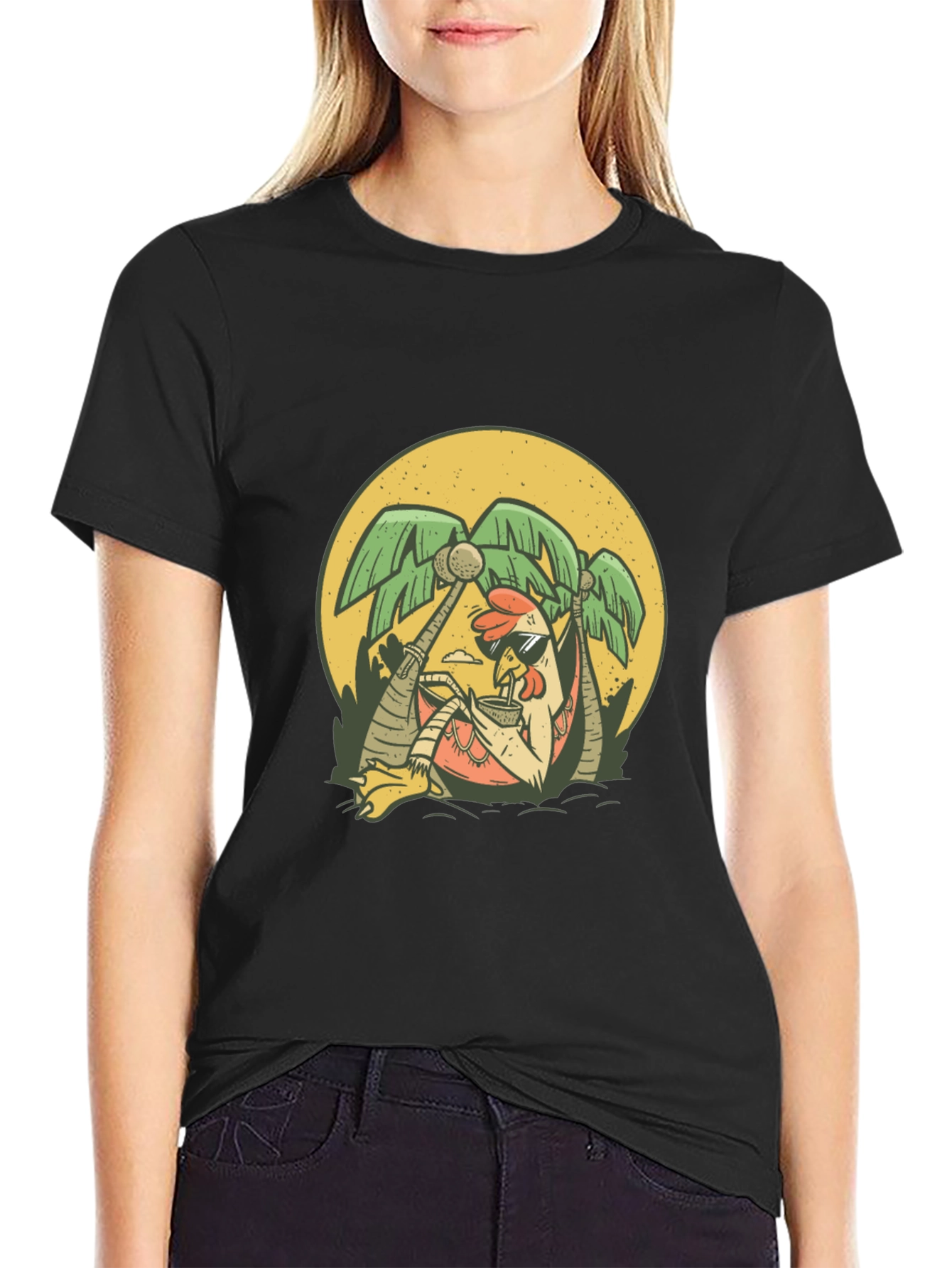 Cool Chicken Palm Tree Graphic Tee - Black
