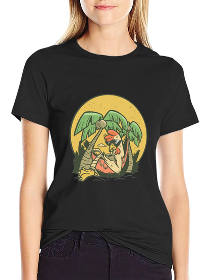 Cool Chicken Palm Tree Graphic Tee - Black