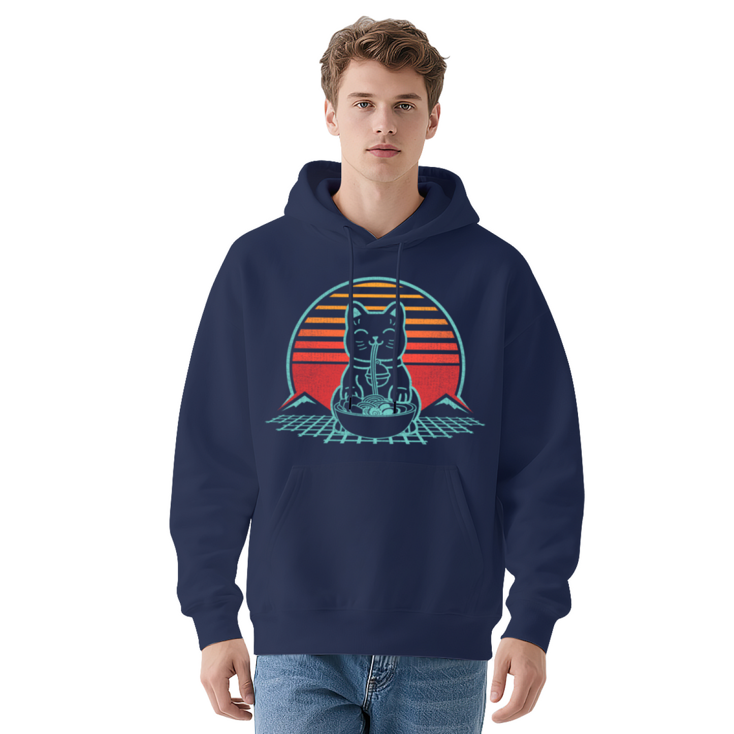 Retro Ramen Cat Sunset Graphic Hoodie, Cozy Street Comfort