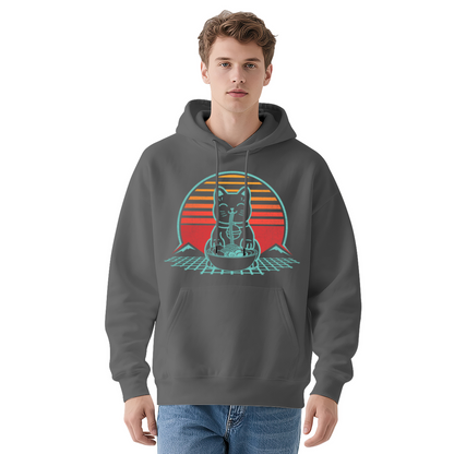 Retro Ramen Cat Sunset Graphic Hoodie, Cozy Street Comfort