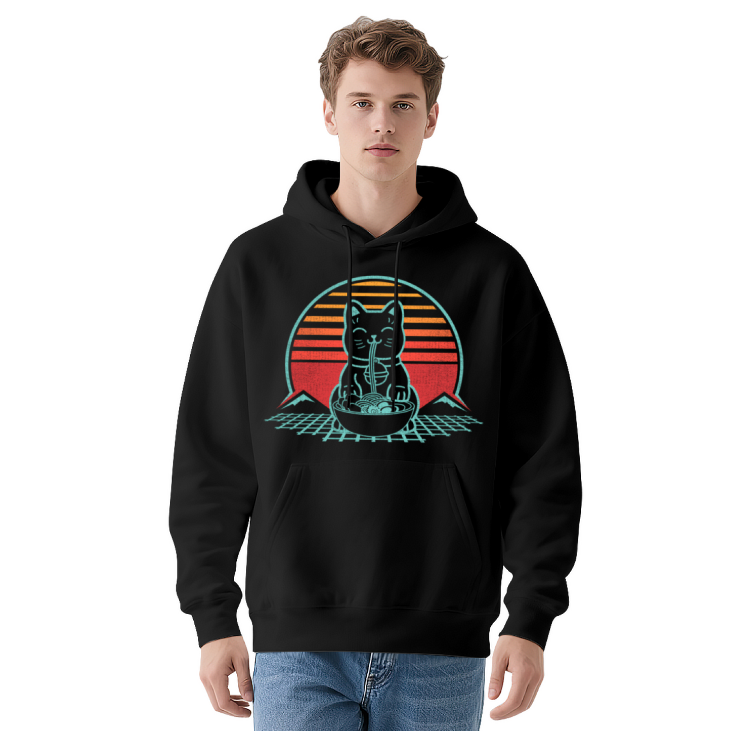 Retro Ramen Cat Sunset Graphic Hoodie, Cozy Street Comfort