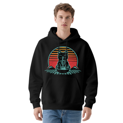Retro Ramen Cat Sunset Graphic Hoodie, Cozy Street Comfort