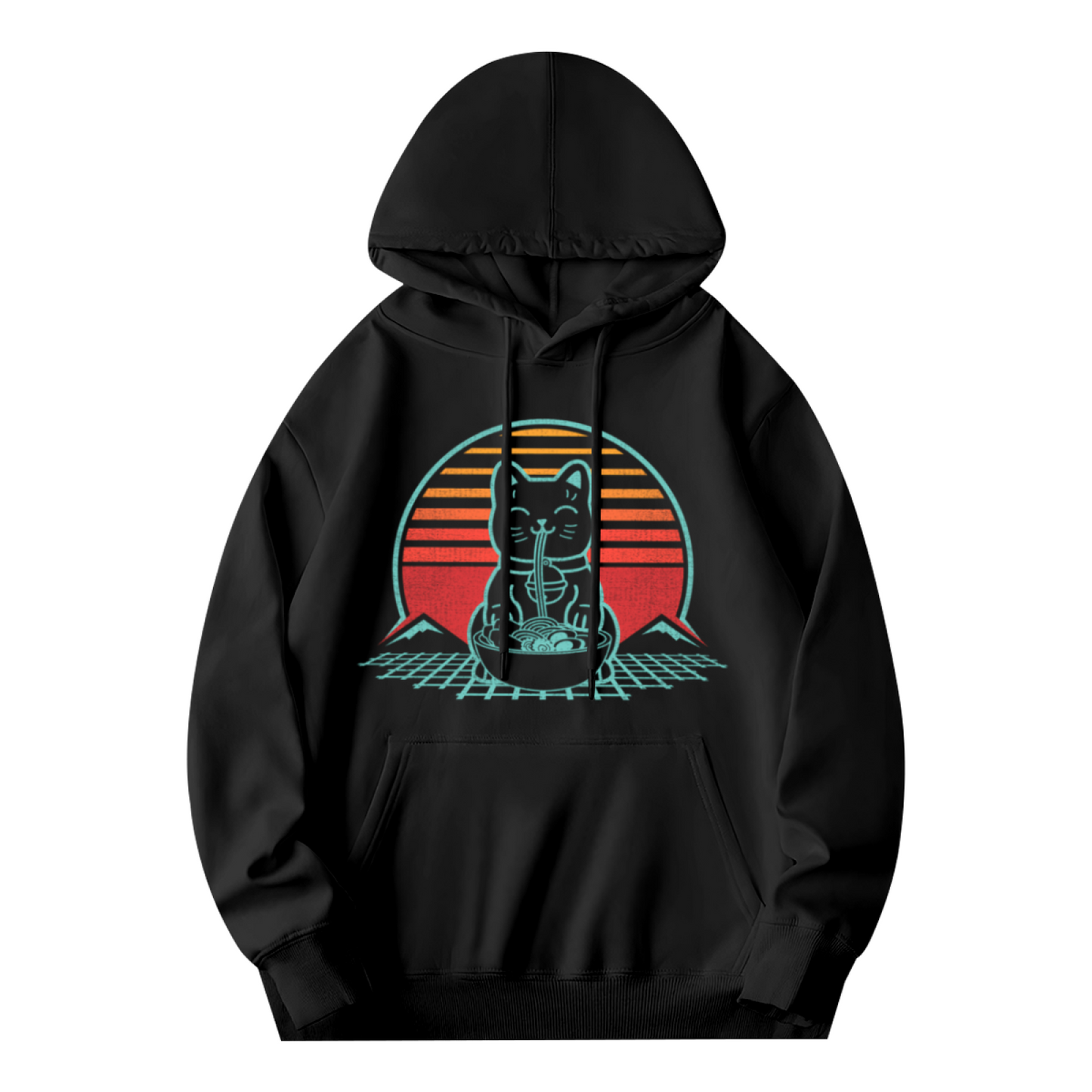Retro Ramen Cat Sunset Graphic Hoodie, Cozy Street Comfort