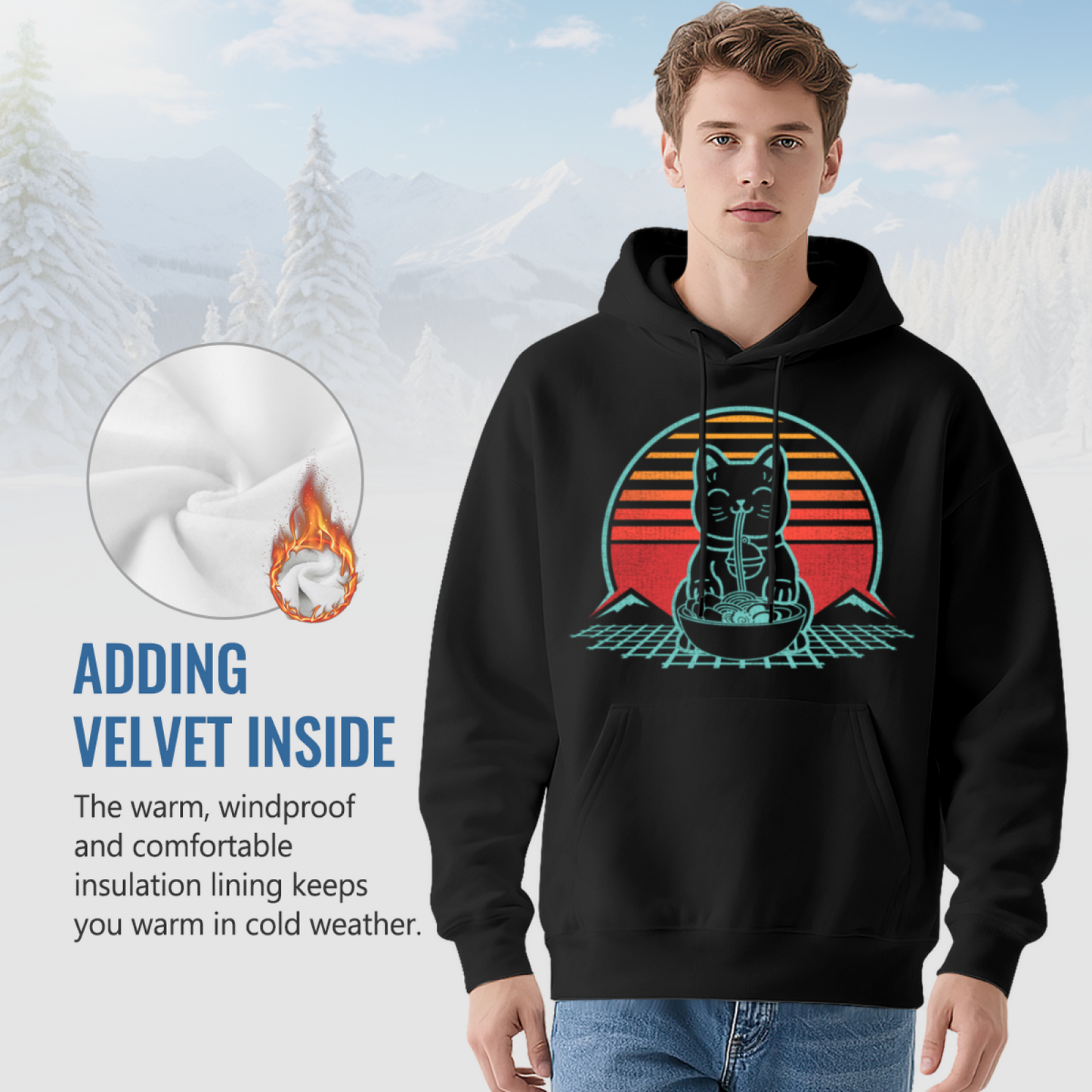 Retro Ramen Cat Sunset Graphic Hoodie, Cozy Street Comfort