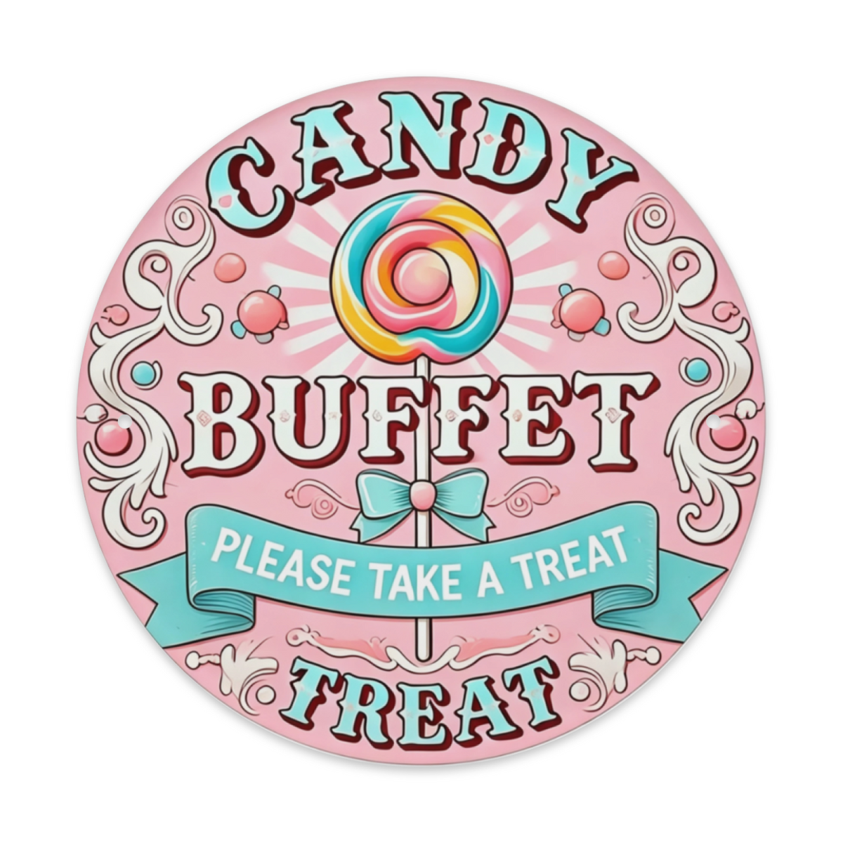 Cute Pink Candy Buffet Lollipop Round Tin Sign Retro Sweet Party Wall Decor