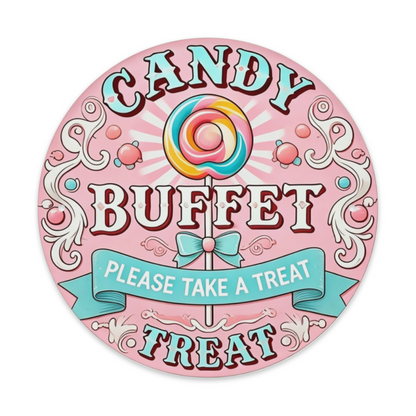 Cute Pink Candy Buffet Lollipop Round Tin Sign Retro Sweet Party Wall Decor