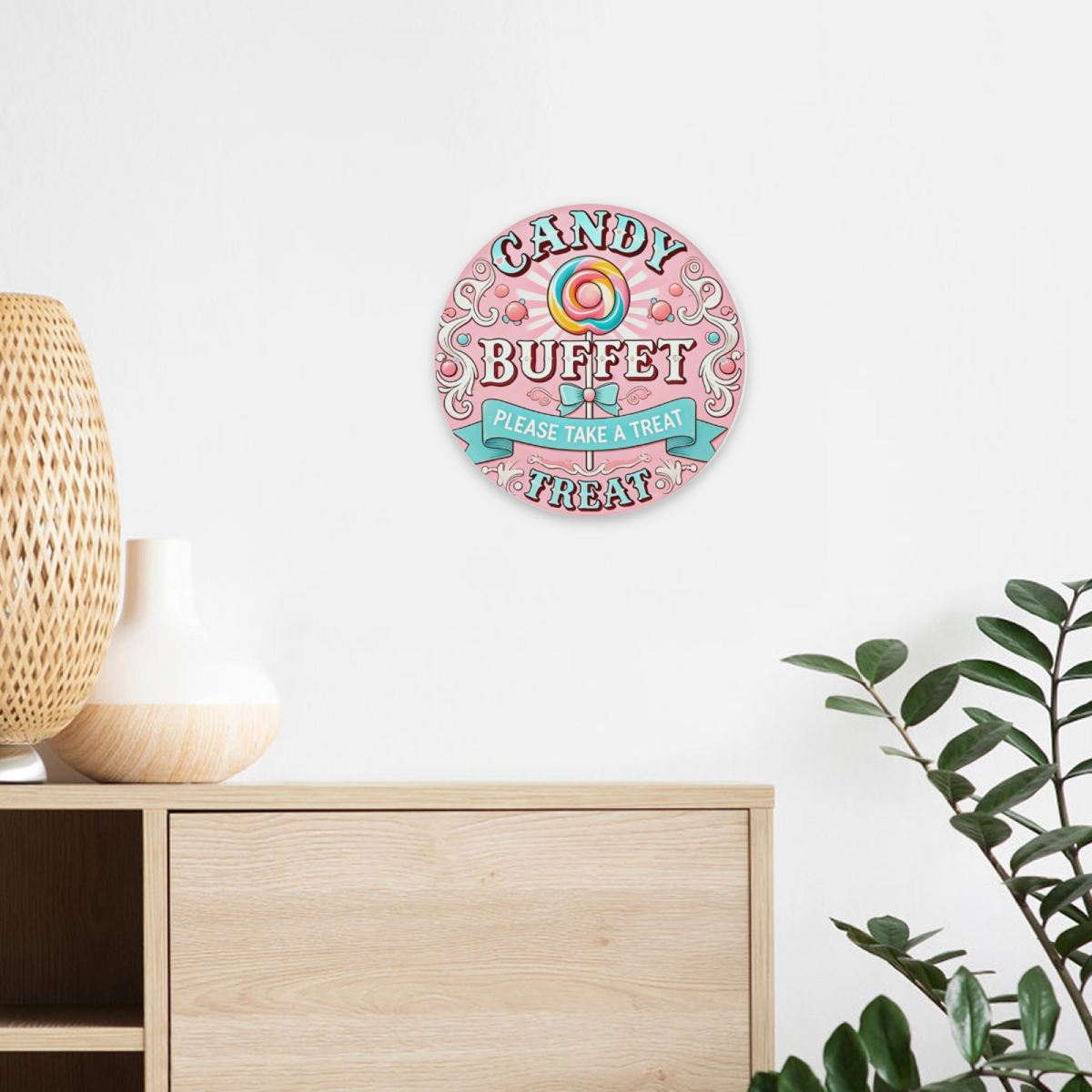 Cute Pink Candy Buffet Lollipop Round Tin Sign Retro Sweet Party Wall Decor