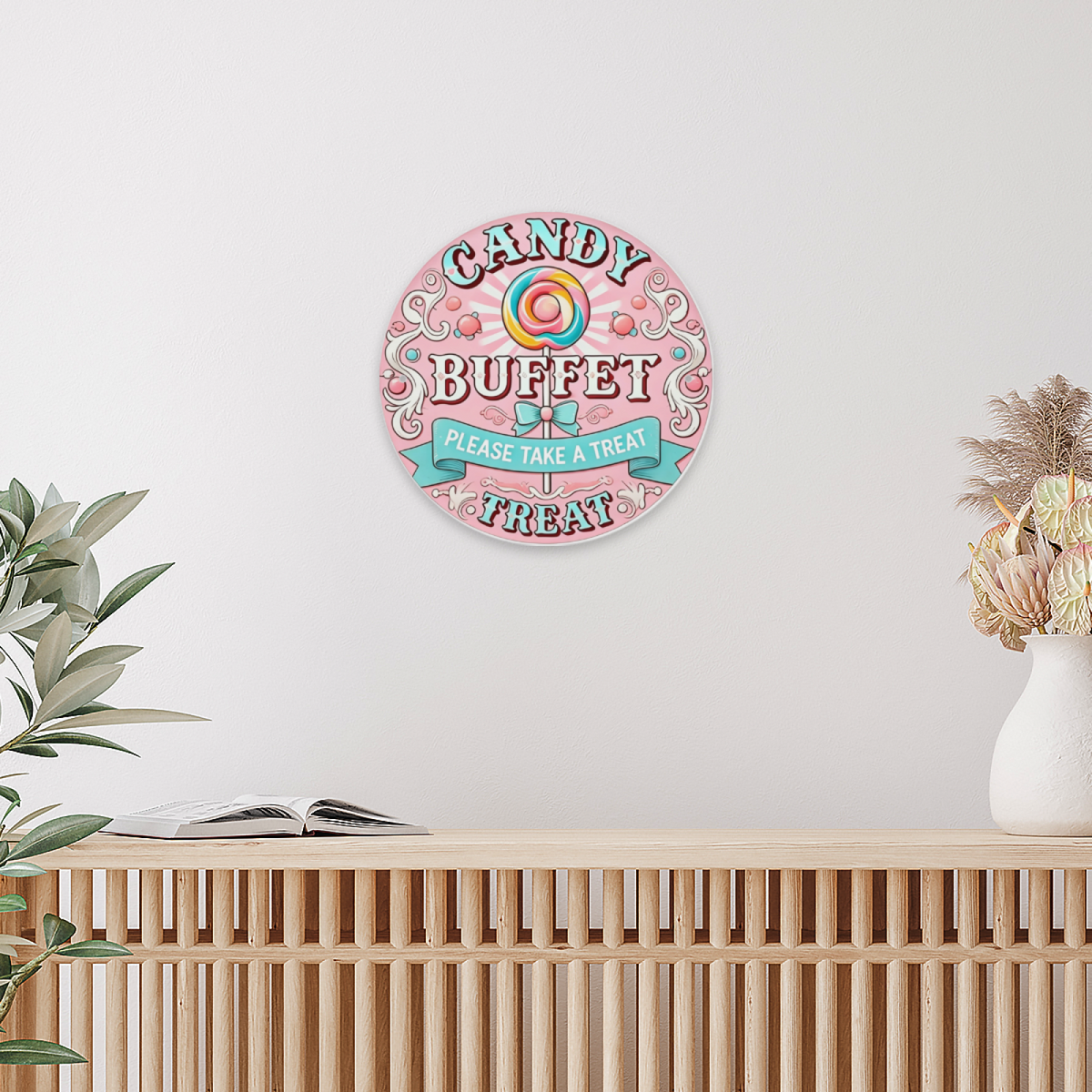 Cute Pink Candy Buffet Lollipop Round Tin Sign Retro Sweet Party Wall Decor