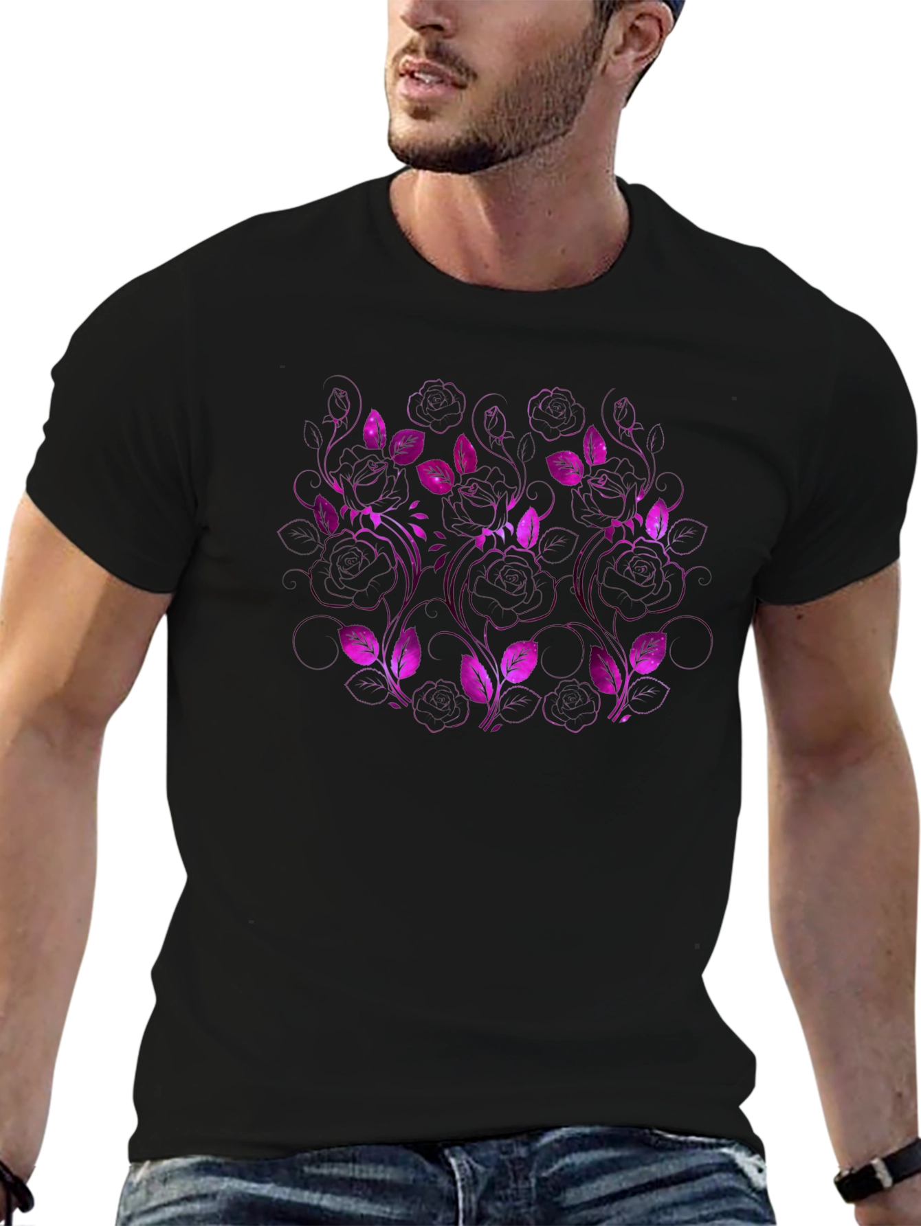 Floral Pattern Black T-Shirt for Men