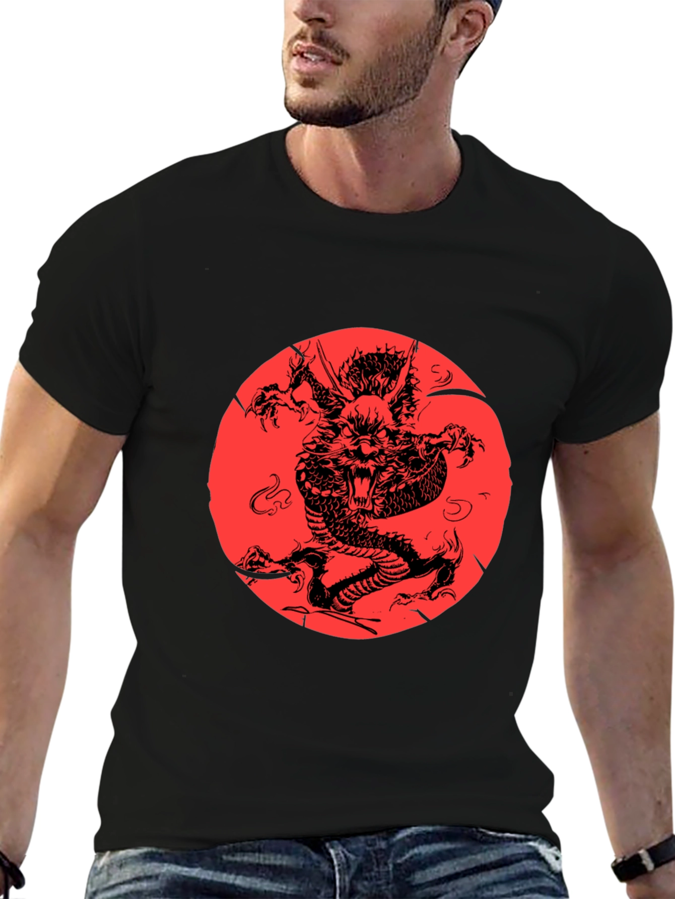 Dragon Graphic Print Black Crewneck T-Shirt
