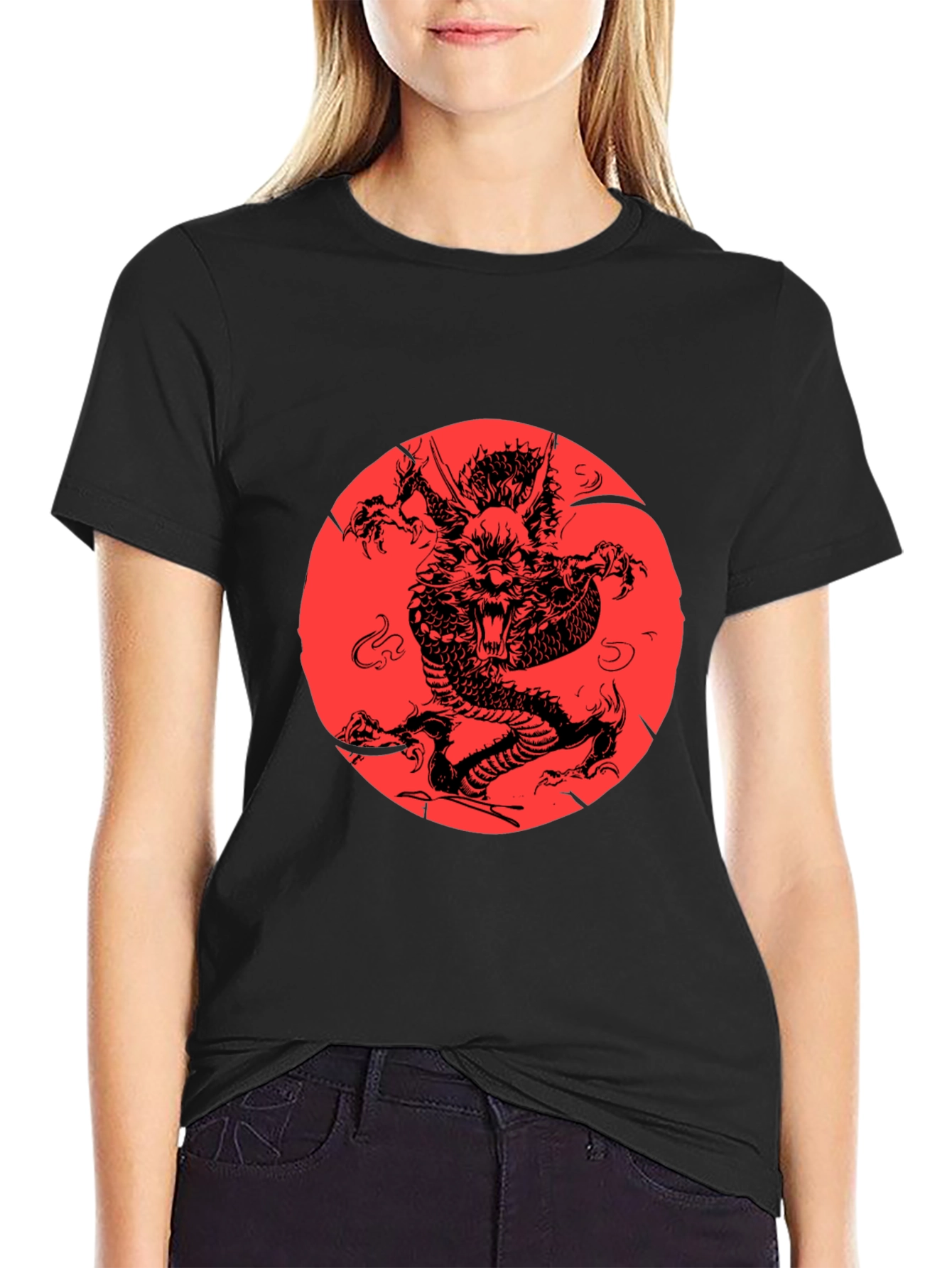 Dragon Graphic Print Black Crewneck T-Shirt